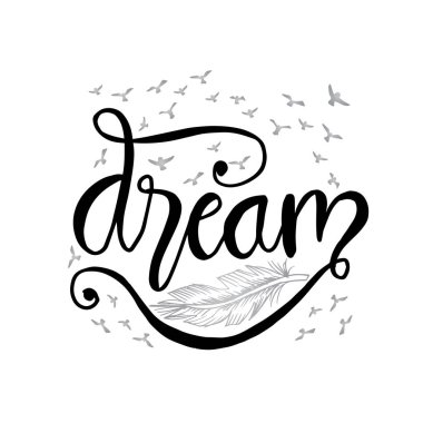 Siluet kuşlar ve tüy ile Rüya el yazısı.