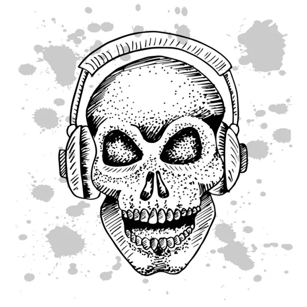 Calavera Dibujo Mano Auriculares — Vector de stock