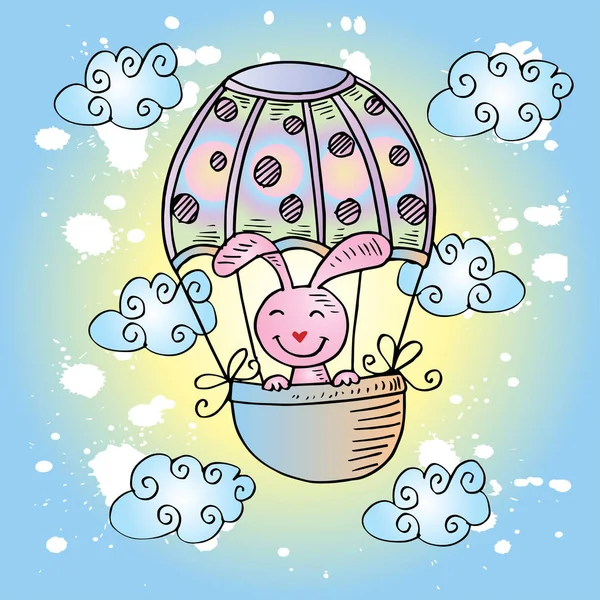 Aranyos Nyúl Hőlégballon — Stock Vector