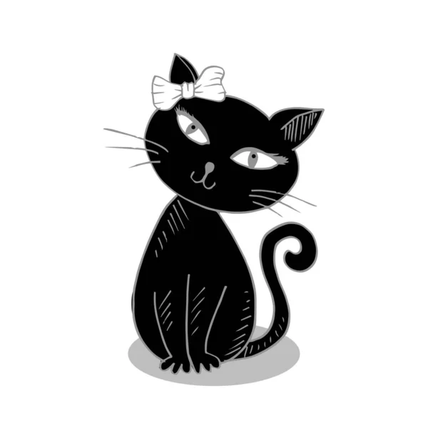 Lindo Gato Con Cabeza Lazo Cinta Dibujo Manual Vectorial — Vector de stock