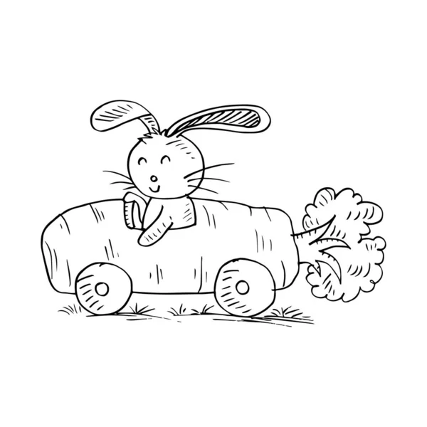 Havuç Araba Ile Sevimli Tavşan Boyama Kitabı — Stok Vektör