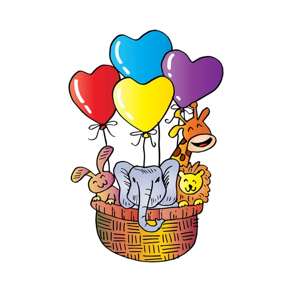Cute friendly animals in a balloon. Cartoon illustration.