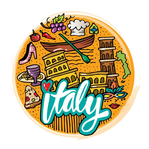 Italienische Symbole Hintergrund Des Kreises Handzeichnung Illustration — Stockvektor