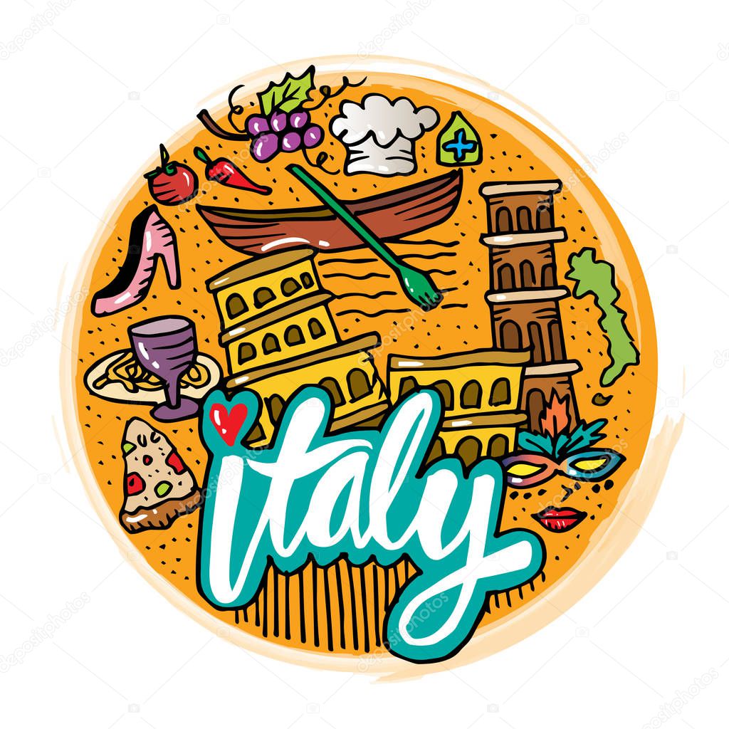 Italian symbols in circle background. Hand drawing illustration.