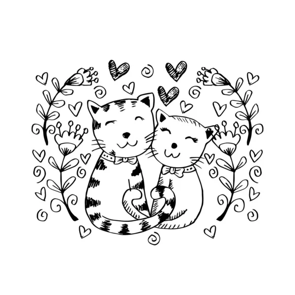 Δύο Χαριτωμένες Γάτες Ερωτευμένοι Απεικόνιση Σχεδίου Χεριού — Διανυσματικό Αρχείο