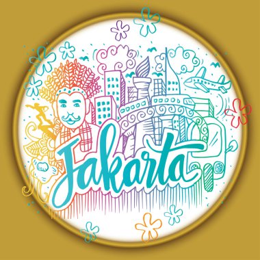 Jakarta'nın doodle'ı. El çizim illüstrasyon.