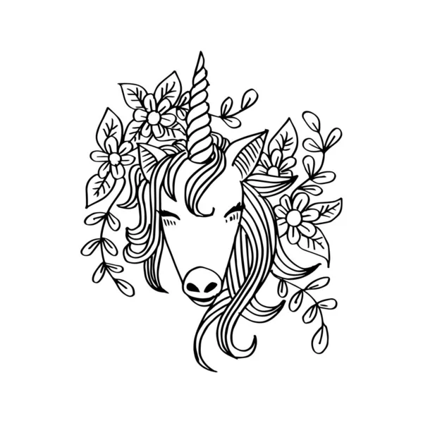 Licorne Aux Fleurs Illustration Dessinée Main — Image vectorielle