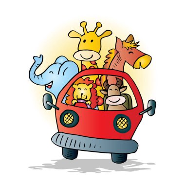 Arabada sevimli hayvanlar. Karikatür illüstrasyon.