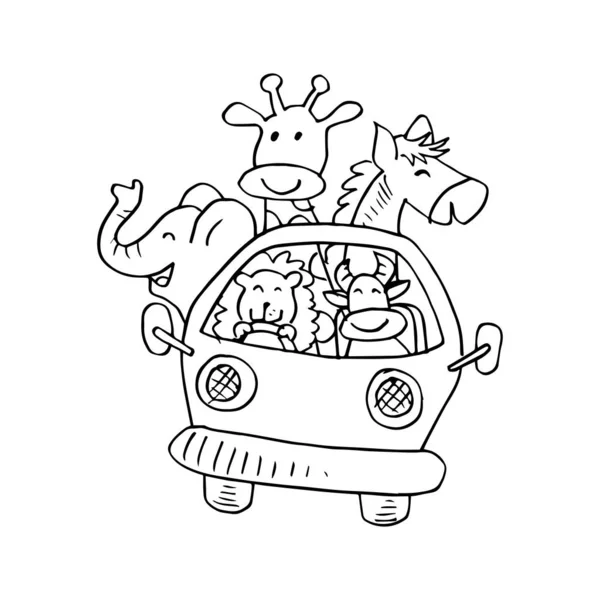 Χαριτωμένα Ζώα Στο Αυτοκίνητο Εικονογράφηση Κινουμένων Σχεδίων — Διανυσματικό Αρχείο