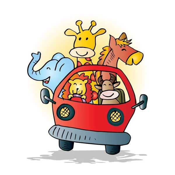 Animales Lindos Coche Dibujos Animados Ilustración — Vector de stock