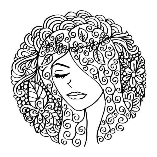 Ilustracja Wzory Dziewczyna Kwiatowy Okrąg Ramki Rysunek Doodle — Wektor stockowy