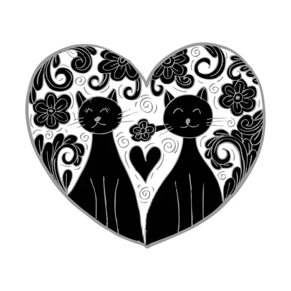 Twee Schattige Kat Liefde Doodle Stijl — Stockvector