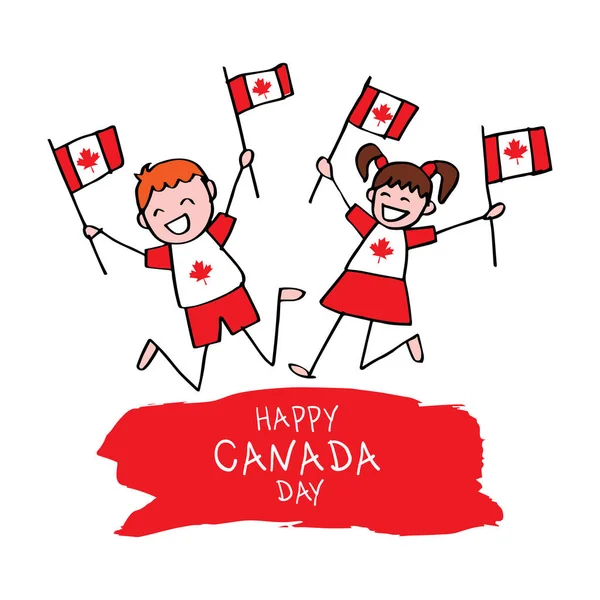 Ragazzo Ragazza Con Una Bandiera Canadese Biglietto Auguri Canada Independence — Vettoriale Stock