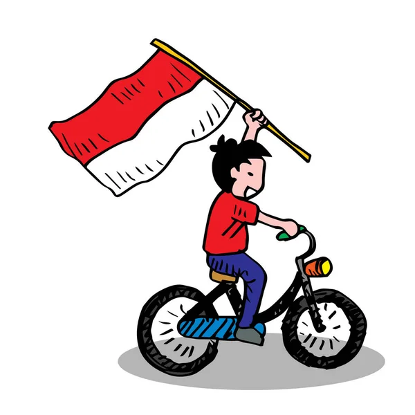 Seorang Anak Bersepeda Memegang Bendera Indonesia Gaya Kartun - Stok Vektor