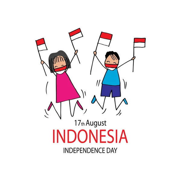 Hand Drawing Boy Girl Holding Flag Independence Day Indonesia — Stock Vector