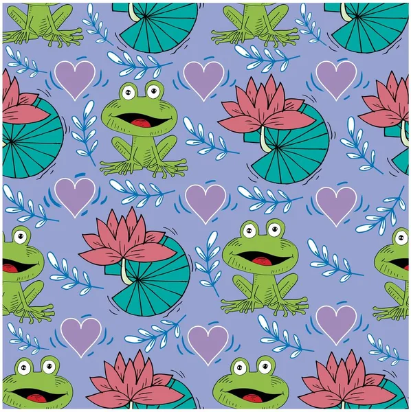 Green Frog Lotus Leaf Flower Seamless Pattern — Stock Vector