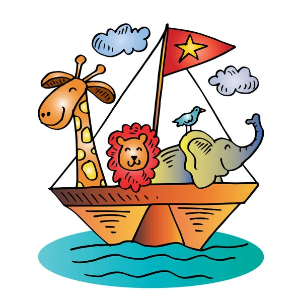 Cute Animals Boat Cartoon Illustration — Stock Vector