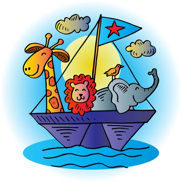 Cute Animals Boat Cartoon Illustration — Stock Vector