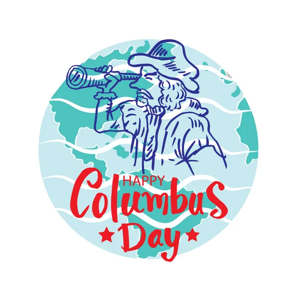 Bonne Journée Columbus Avec Dessin Animé Columbus Regardant Verre Espion — Image vectorielle