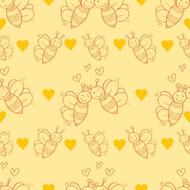 Şirin arılar ve kalplerle kusursuz bir desen. Vektör illüstrasyonu.