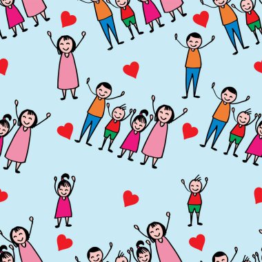 Açık mavi arka planda mutlu bir aile ile kusursuz bir düzen. Vektör illüstrasyonu.