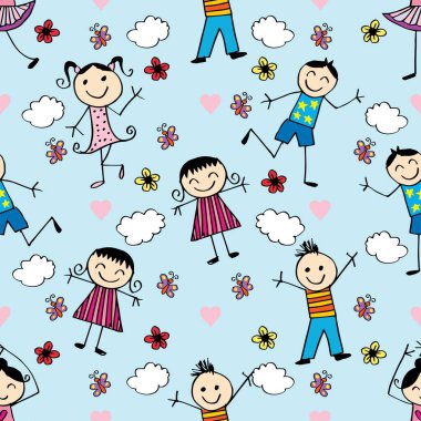 Mutlu çocuklar ve çiçeklerle kusursuz bir düzen. Vektör çizimi. Çizgi film biçimi.