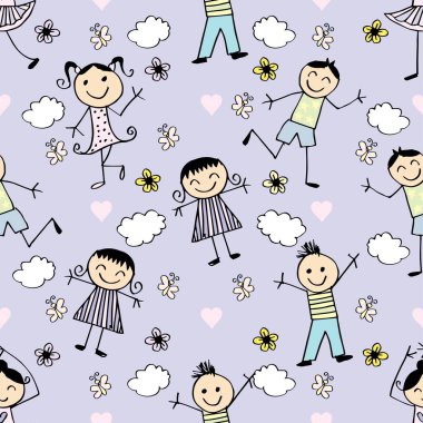Mutlu çocuklar ve çiçeklerle kusursuz bir düzen. Vektör çizimi. Çizgi film biçimi.