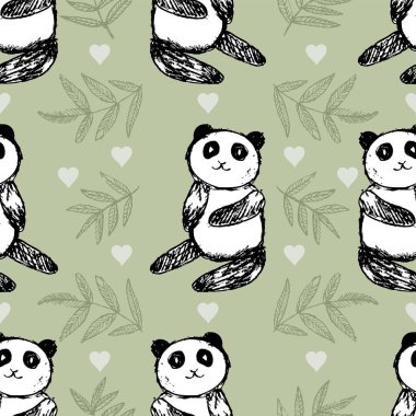 Şirin pandayla kusursuz desen. El çizimi vektör illüstrasyonu.