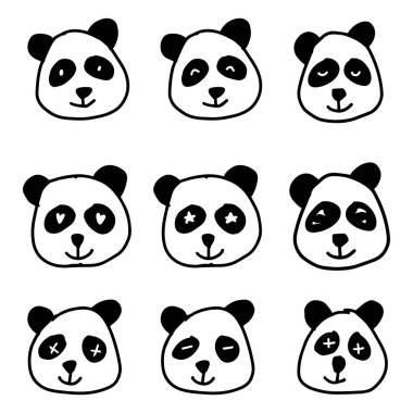 Tatlı panda suratı ve bambu seti. Vektör illüstrasyonu.