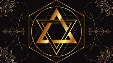 Süleyman 'ın Mührü. Geometrik süslemeli siyah arkaplanda altın rengin okült işaretleri. Mason sembolü.