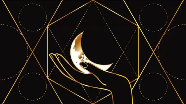 Одна рука держит полумесяц. Плоское изображение луны на черном фоне с геометрическим золотым узором. Астрологические признаки . — стоковый вектор
