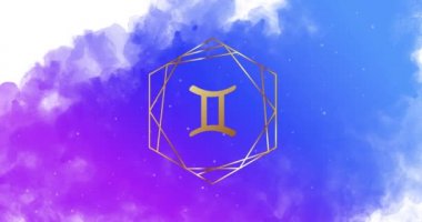 Zodiac ikonları. Suluboya arka planda altın zodyak tabelaları. Geometrik desen. İşaretler birbiri ardına değişiyor, döngülenmiş animasyon.