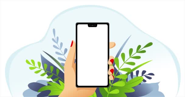 Kobieta ręka ze smartfonem na tle roślin. Nagranie z maską alfa ekranu telefonu w czerni i bieli od 0: 15. Animacja kreskówek. — Wideo stockowe