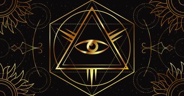 All-Seeing Eye Mystic Sinal sobre um fundo preto com um padrão geométrico dourado. O símbolo mágico da riqueza. Animação em loop . — Vídeo de Stock