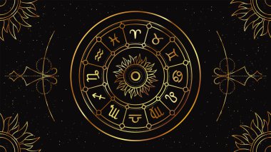 Geometrik altın desenli siyah bir zemin üzerinde astrolojik işaretlerle Zodiac çemberi.