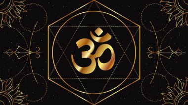 Om ya da Aum kutsal Hindu sesinin sembolüdür, tüm mantraların anasıdır. Geometrik süslemeli siyah arkaplanda altın rengin sihirli işareti.