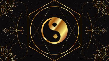Tao Yin ve Yang. Zıtlıkların birliğinin Çince sembolü. Geometrik süslemeli siyah arkaplanda altın rengin sihirli işareti.