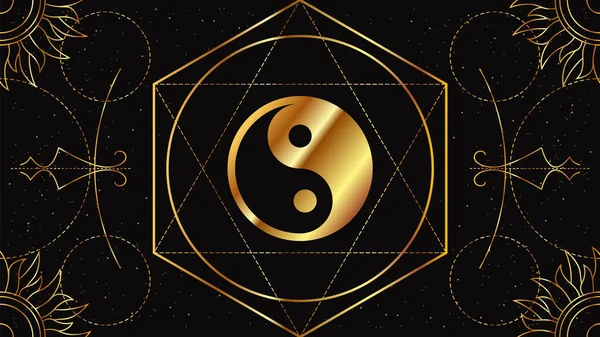 Tao Yin ve Yang. Zıtlıkların birliğinin Çince sembolü. Geometrik süslemeli siyah arkaplanda altın rengin sihirli işareti.
