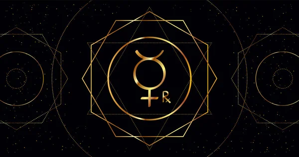 逆行水星行星图标 带有金色几何装饰的黑色背景上的占星学符号 — 图库矢量图片