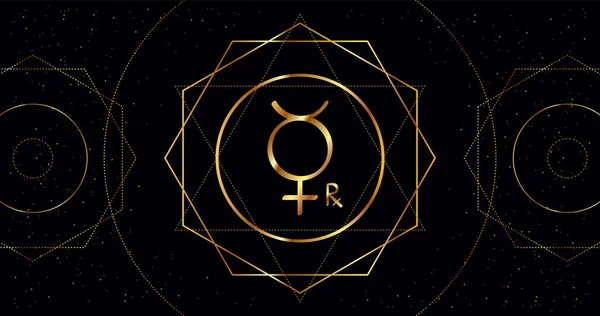 Icône Rétrograde Planète Mercure Signe Astrologique Sur Fond Noir Avec — Image vectorielle