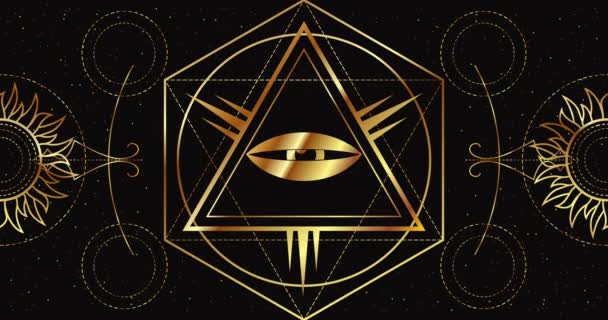 幾何学的な金色のパターンを持つ黒の背景にオール・シーイング・アイとドル記号。富の魔法のシンボル。アニメーションループ. — ストック動画
