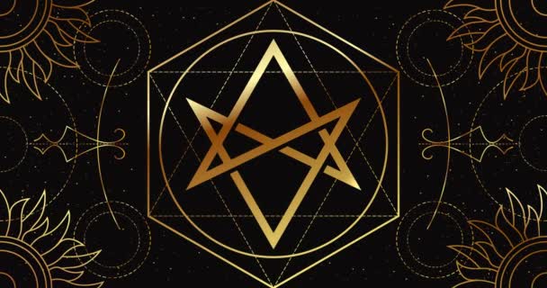 Aquarian Star, o el hexagrama Unicurs Mystic Sign sobre un fondo negro con un patrón geométrico dorado. El símbolo mágico de la magia y el poder. Animación Looping . — Vídeo de stock