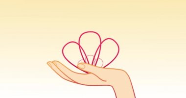 Avucunun içinde bir çiçek belirir ve bir kalbe dönüşür. Çiçek elementleri olan düz bir arkaplan üzerinde düz vektör çizimi. 