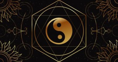 Tao Yin ve Yang. Zıtlıkların birliğinin Çince sembolü. Tabela, geometrik altın desenli siyah bir zemin üzerinde döner. Canlandırma döngüsü.