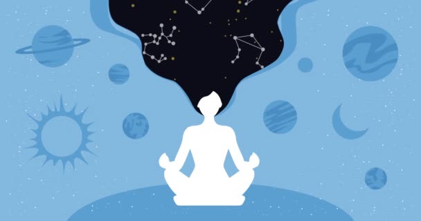 Silueta de una mujer meditando en posición de loto. En el contexto de los planetas astrológicos y las constelaciones del zodíaco en movimiento . — Vídeos de Stock