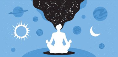 Nilüfer pozisyonunda meditasyon yapan bir kadının silüeti. Astrolojik gezegenlerin ve burç takımyıldızlarının arka planına karşı.