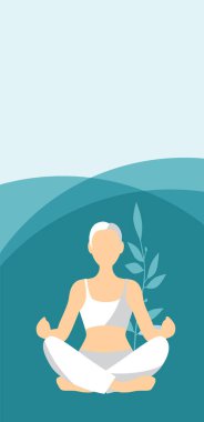 Kadın Lotus pozisyonunda meditasyon yapıyor. Metin yazmak için boş yeri olan el ilanı. Dikey İlan.