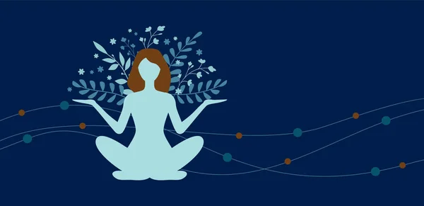 Yogadaki meditasyon yapan bir kadının silueti. Bitkiler ve enerji dalgalarıyla karanlık bir arka planda poz veriyor..