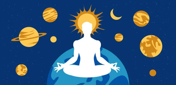 Silhouette bianca di un uomo meditante in posizione di loto. Sullo sfondo dei pianeti astrologici. — Vettoriale Stock