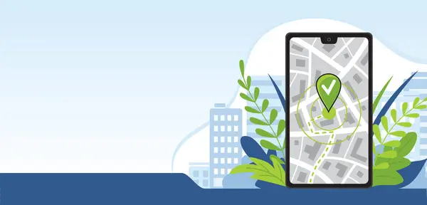 スマートフォンの地図ナビゲーター。市と植物の葉の背景に電話。ソフトウェアアプリケーションマップまたは製品の配信。水平線. — ストックベクタ